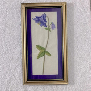Vintage Handmade Framed Blue Embroidered Flower  Fibre Art Wall Art